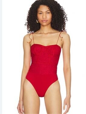 superdown Red Lace Bustier Bodysuit with Tie Straps